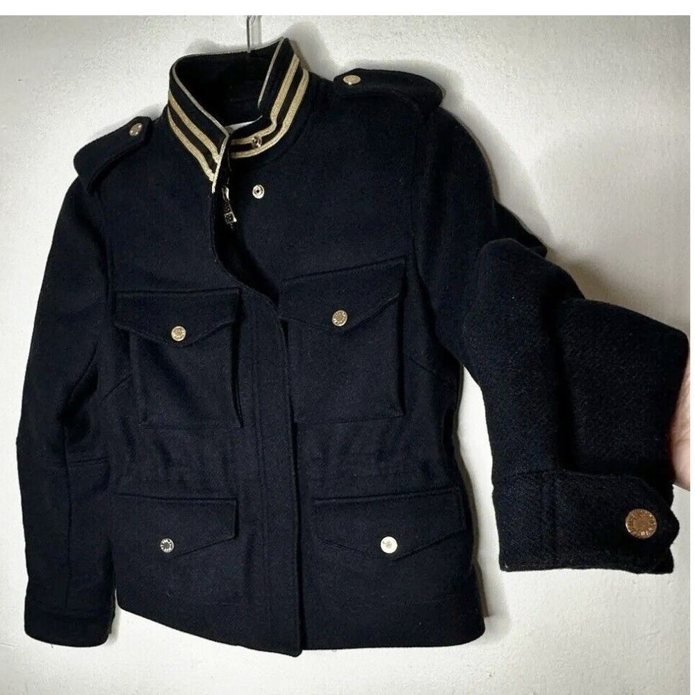 Zadig & Voltaire Military Jacket Navy Blue Gold  Stand Collar Epaulettes Preppy
